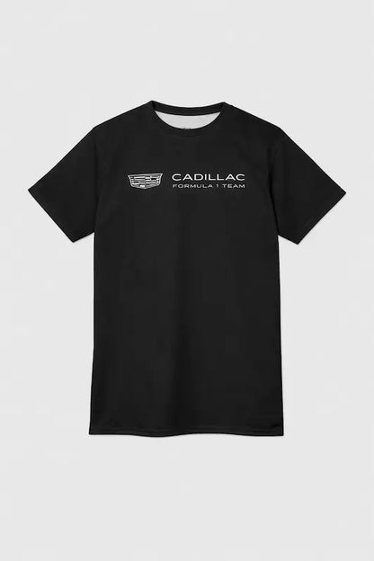 Front view of black Sergio Perez Cadillac Racing t-shirt with chest logo print.