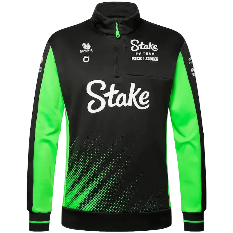 Front view of the Kick Sauber 2025 quarter zip sweat showing team logos and neon green accents.