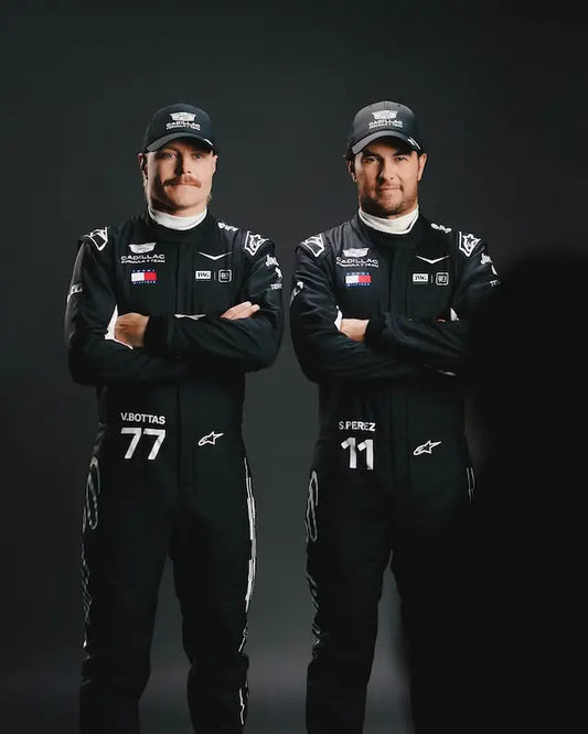 Both Cadillac F1 replica suits displayed, showcasing American team colors.