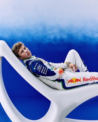 Replica race suit displayed on a mannequin, showcasing the complete design.