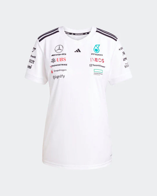 Mercedes Women’s 2025 Team Driver Tee White – 100% Polyester Sublimation Design
