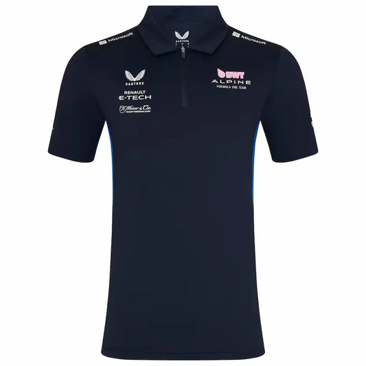 Navy blue polo shirt with multiple brand logos on a white background