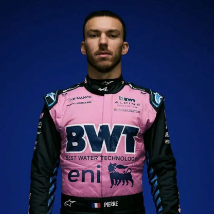 Close-up detail of the BWT logo and stripe detailing on the sleeve and shoulder