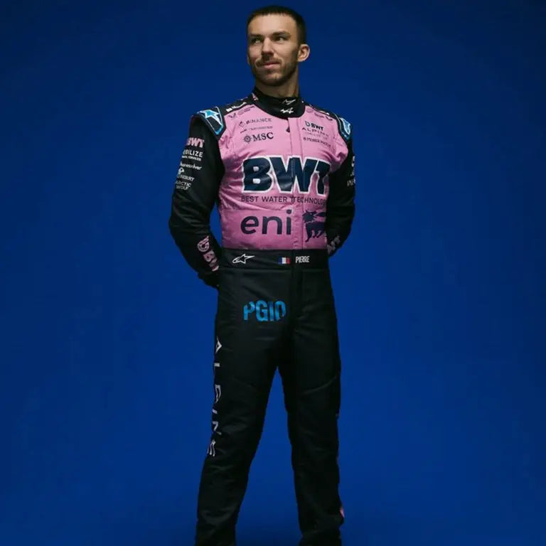 Pierre Gasly replica race suit presented on a mannequin, showcasing full design.