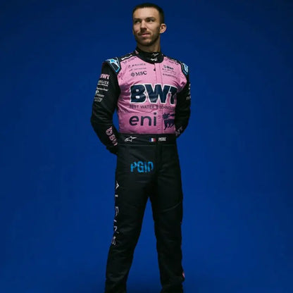 Pierre Gasly replica race suit presented on a mannequin, showcasing full design.