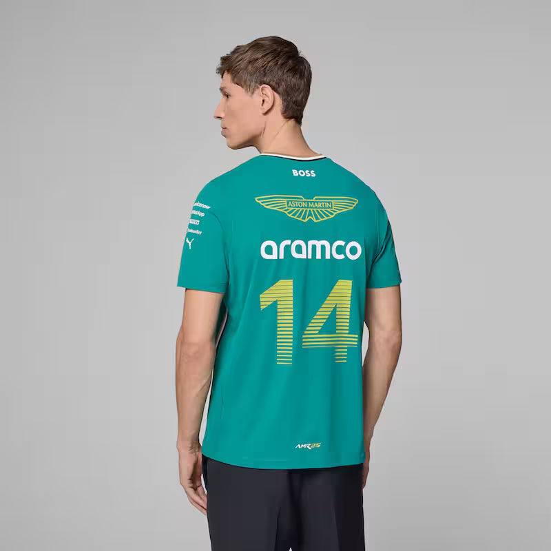 Person wearing a teal sports jersey with branding on a gray background