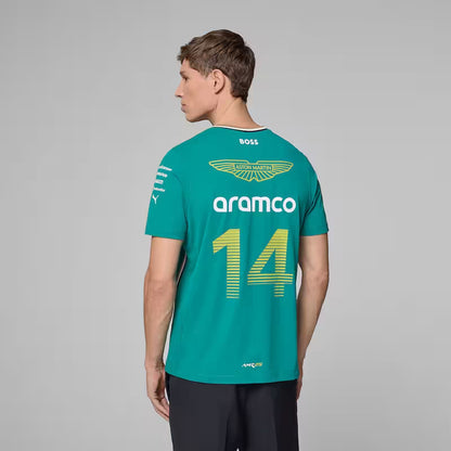 Person wearing a teal sports jersey with branding on a gray background
