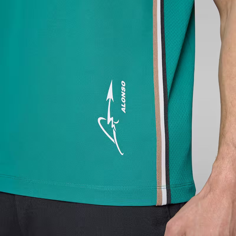 Teal sports shirt with a logo on a gray background