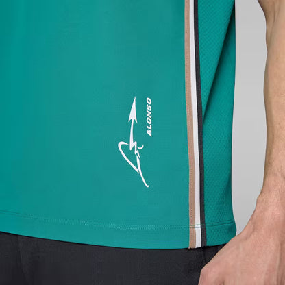 Teal sports shirt with a logo on a gray background