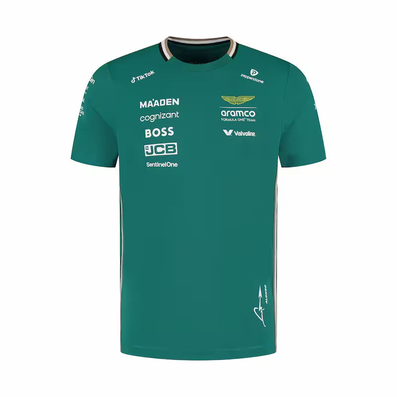 Green sports jersey with various sponsor logos on a white background