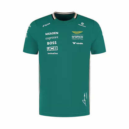 Green sports jersey with various sponsor logos on a white background