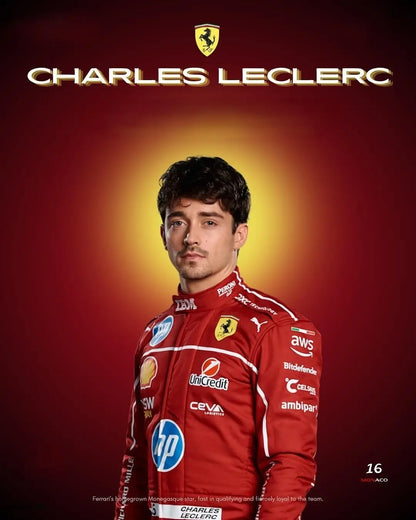 Charles Leclerc wearing the 2025 Scuderia Ferrari F1 Team replica suit in iconic red with sponsor logos