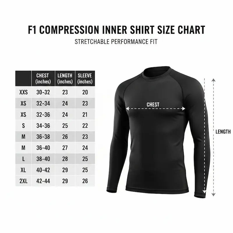 Black compression inner shirt with size chart on a white background