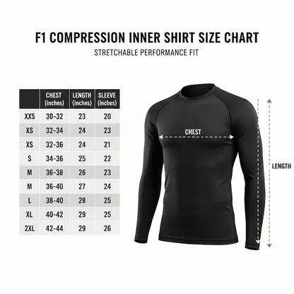 Black compression inner shirt with size chart on a white background