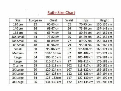 F1 Suite size chart with measurements in centimetres and inches