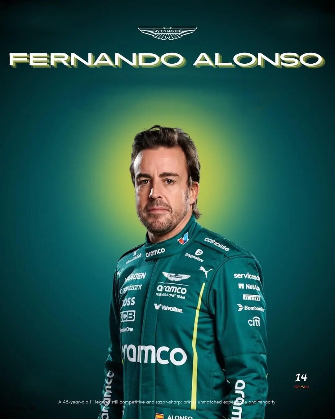 Fernando Alonso wearing the 2025 Aston Martin F1 Team official replica suit