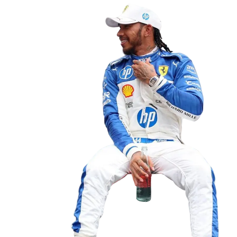 Front view of Lewis Hamilton 2025 Miami GP special edition Ferrari race suit with exclusive design.