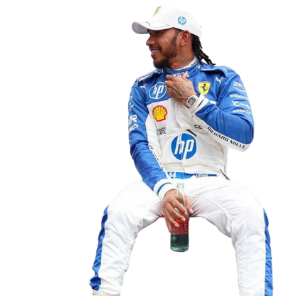 Front view of Lewis Hamilton 2025 Miami GP special edition Ferrari race suit with exclusive design.