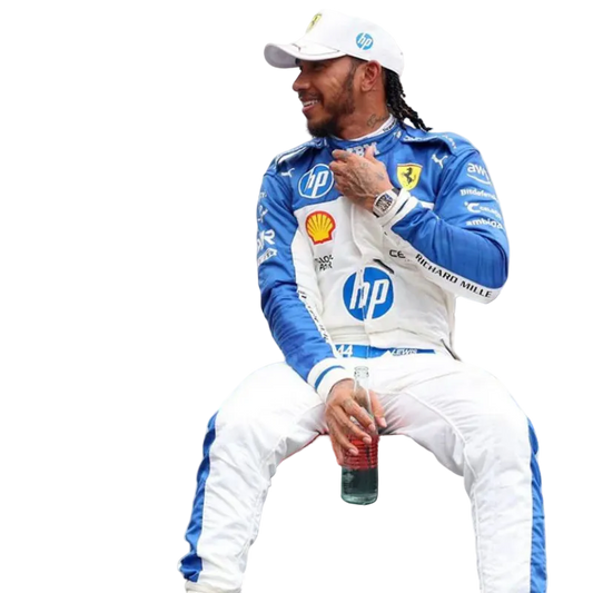 Front view of Lewis Hamilton 2025 Miami GP special edition Ferrari race suit with exclusive design.