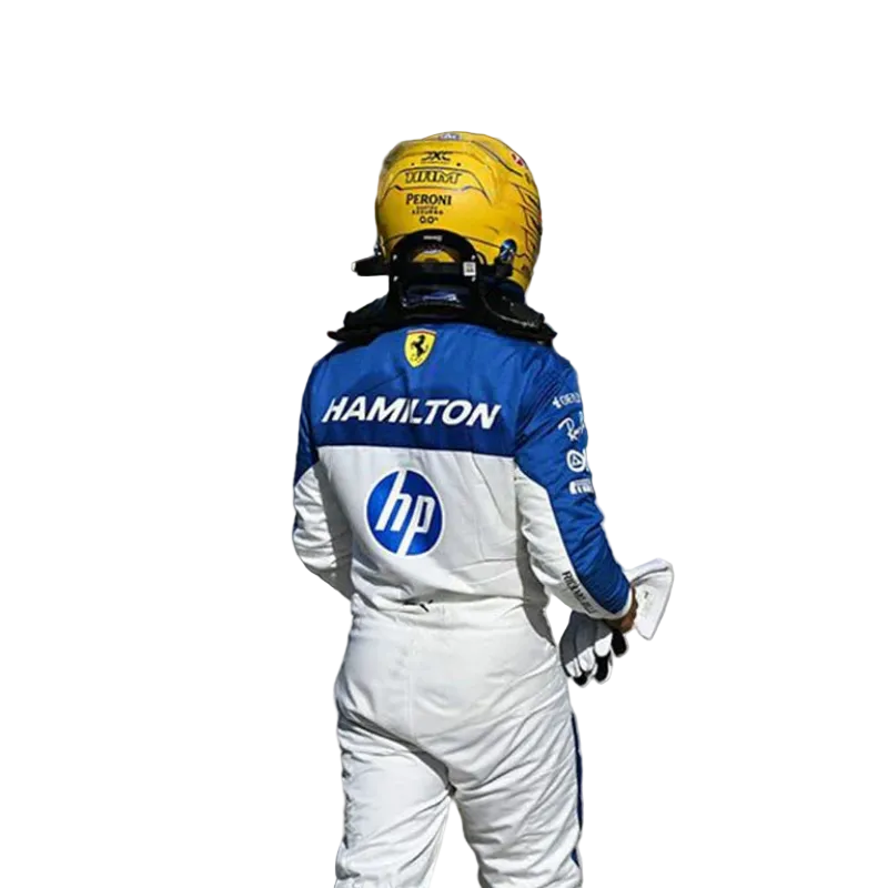 Back view showing Hamilton name, number 44, and Miami-themed graphics on Ferrari red.