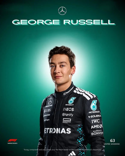 George Russell wearing the 2025 Mercedes-AMG Petronas F1 suit, representing the Silver Arrows with car #63