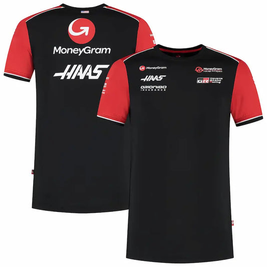 Black and red sports jersey with various logos on a white background