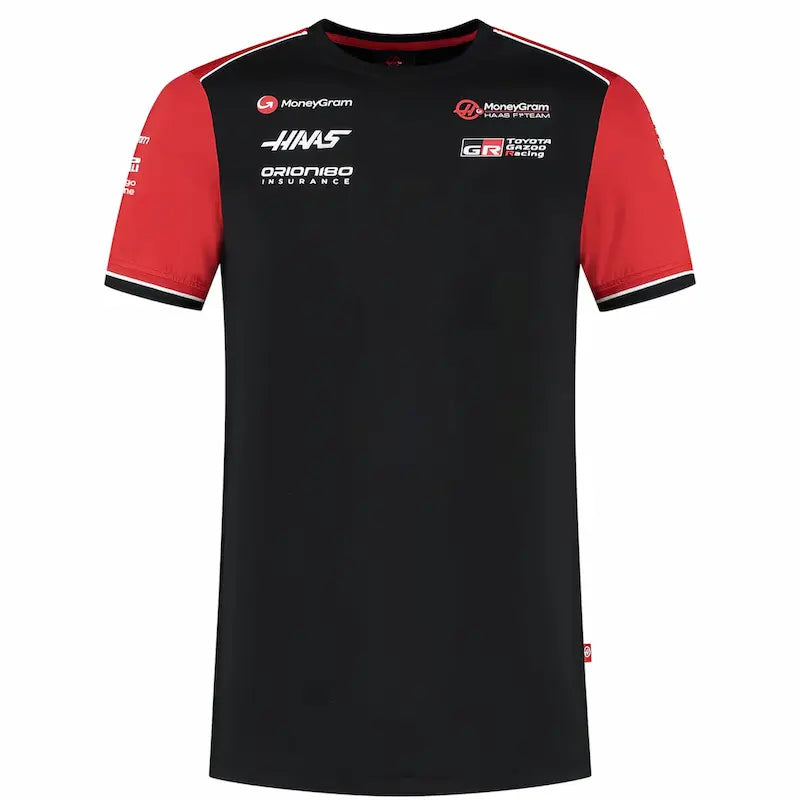 Black and red t-shirt with various logos on a white background