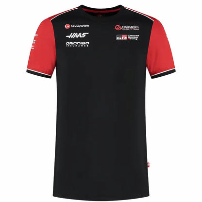 Black and red t-shirt with various logos on a white background