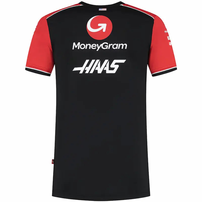 Black sports jersey with red sleeves featuring MoneyGram and HWA logos on a white background