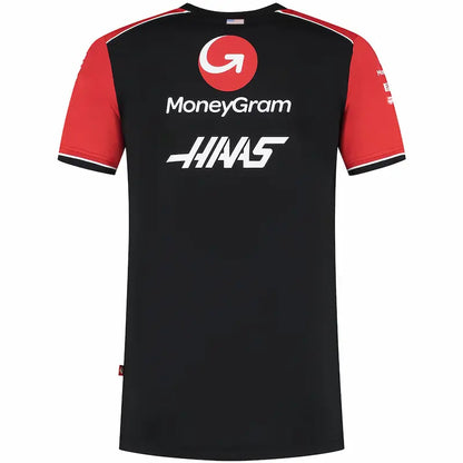 Black sports jersey with red sleeves featuring MoneyGram and HWA logos on a white background