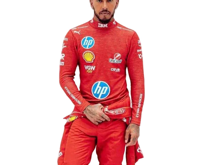 Front view of red Ferrari F1 compression shirt with 2025 Scuderia sublimation print.