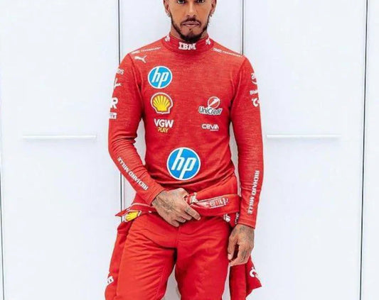 Front view of red Ferrari F1 compression shirt with 2025 Scuderia sublimation print.