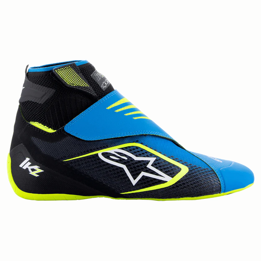 Black, blue, and yellow racing shoe with a brand logo on a white background