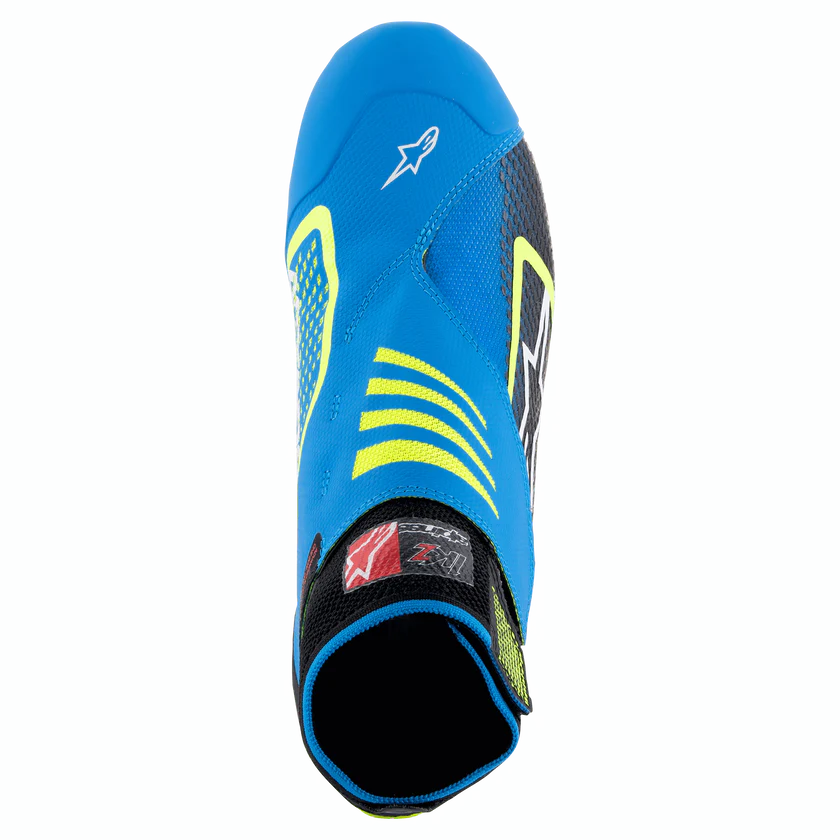 Blue protective gear with yellow accents on a white background