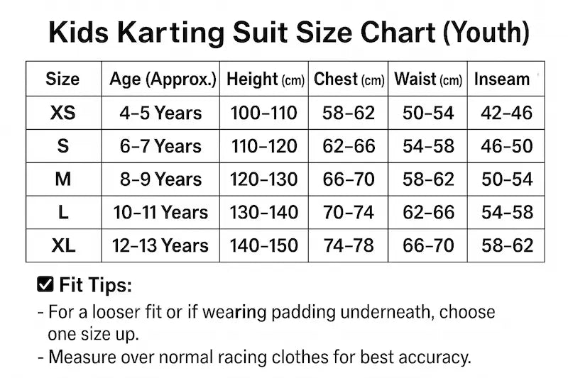 Kids Karting Suit Size Chart for Youth with measurements and fit tips.