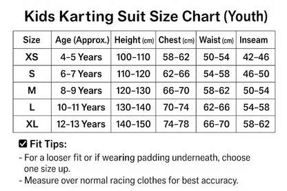Kids Karting Suit Size Chart for Youth with measurements and fit tips.