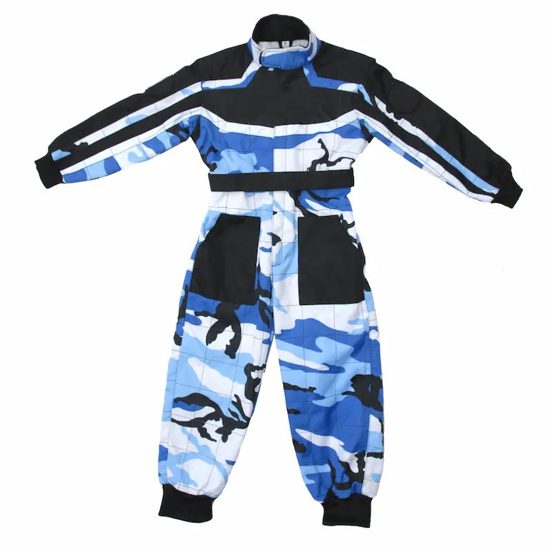 Blue and black camouflage racing suit on a white background