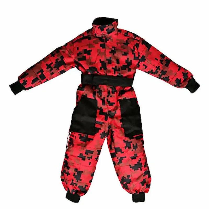 Full front view of Kids Go Karting Suit in durable Cordura fabric with Velcro waist belt.