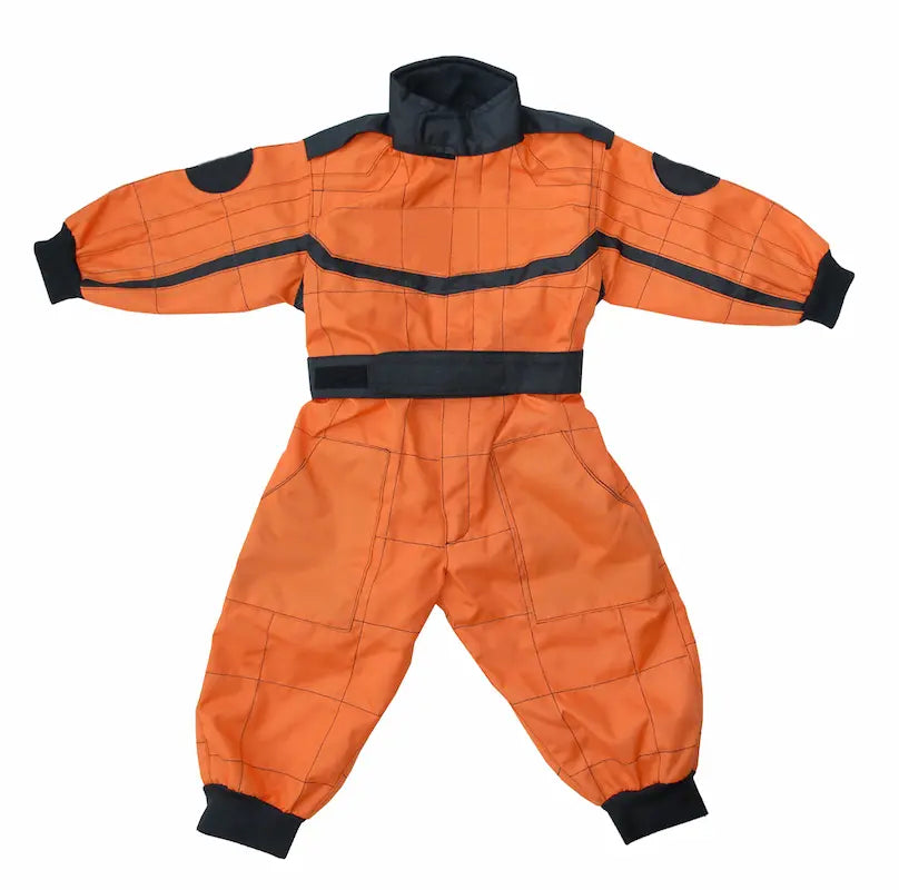 Orange children's snowsuit with black accents on a white background
