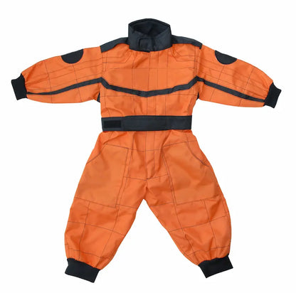 Orange children's snowsuit with black accents on a white background