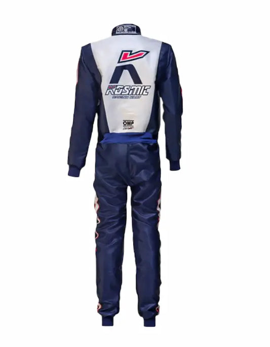 Navy and white racing suit with visible branding on a white background
