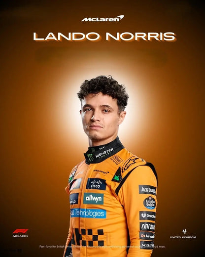 2025 Lando Norris McLaren F1 official replica suit, featuring the vibrant papaya orange and black color scheme with team and sponsor logos.