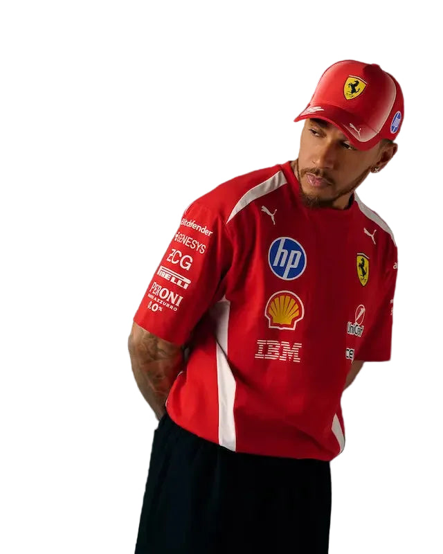 Front view of Lewis Hamilton 2026 Ferrari replica t-shirt with Scuderia Ferrari and Hamilton branding.