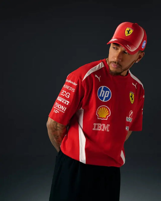 Front view of Lewis Hamilton 2026 Ferrari replica t-shirt with Scuderia Ferrari and Hamilton branding.