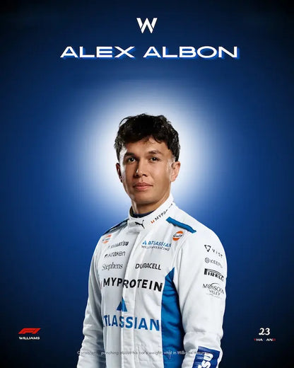 Front view of Alexander Albon Williams Racing 2025 replica race suit featuring full Duracell and Michelin branding.