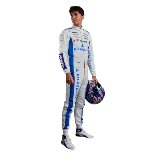 Full-body display of the Albon Williams F1 suit on a form, illustrating its authentic racing silhouette.