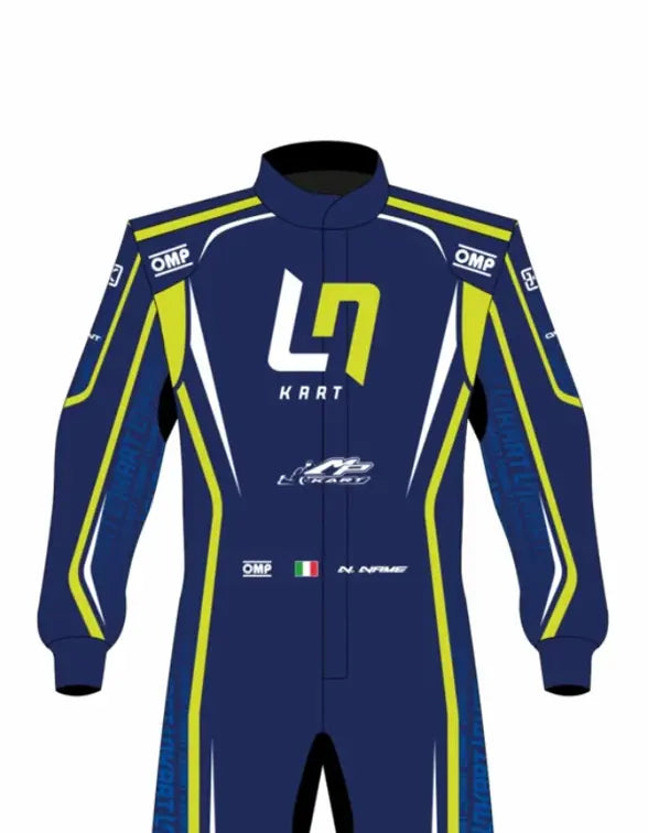 Front view of the LN Kart Replica Racing Suit with full team branding and logo placement.