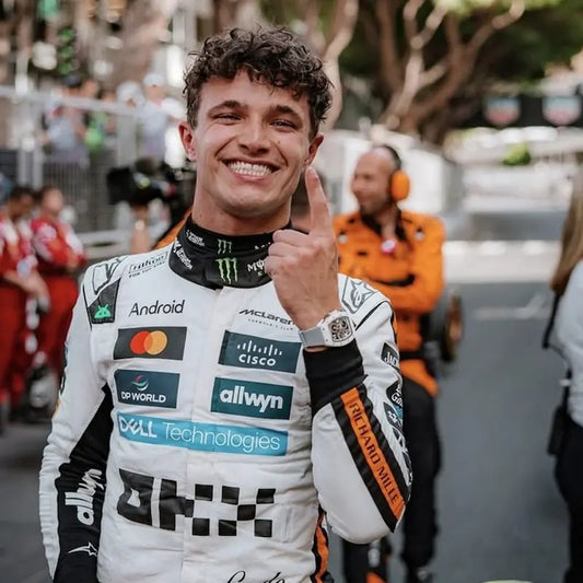 Front view of Lando Norris 2025 Monaco GP special edition race suit with unique Monegasque design.