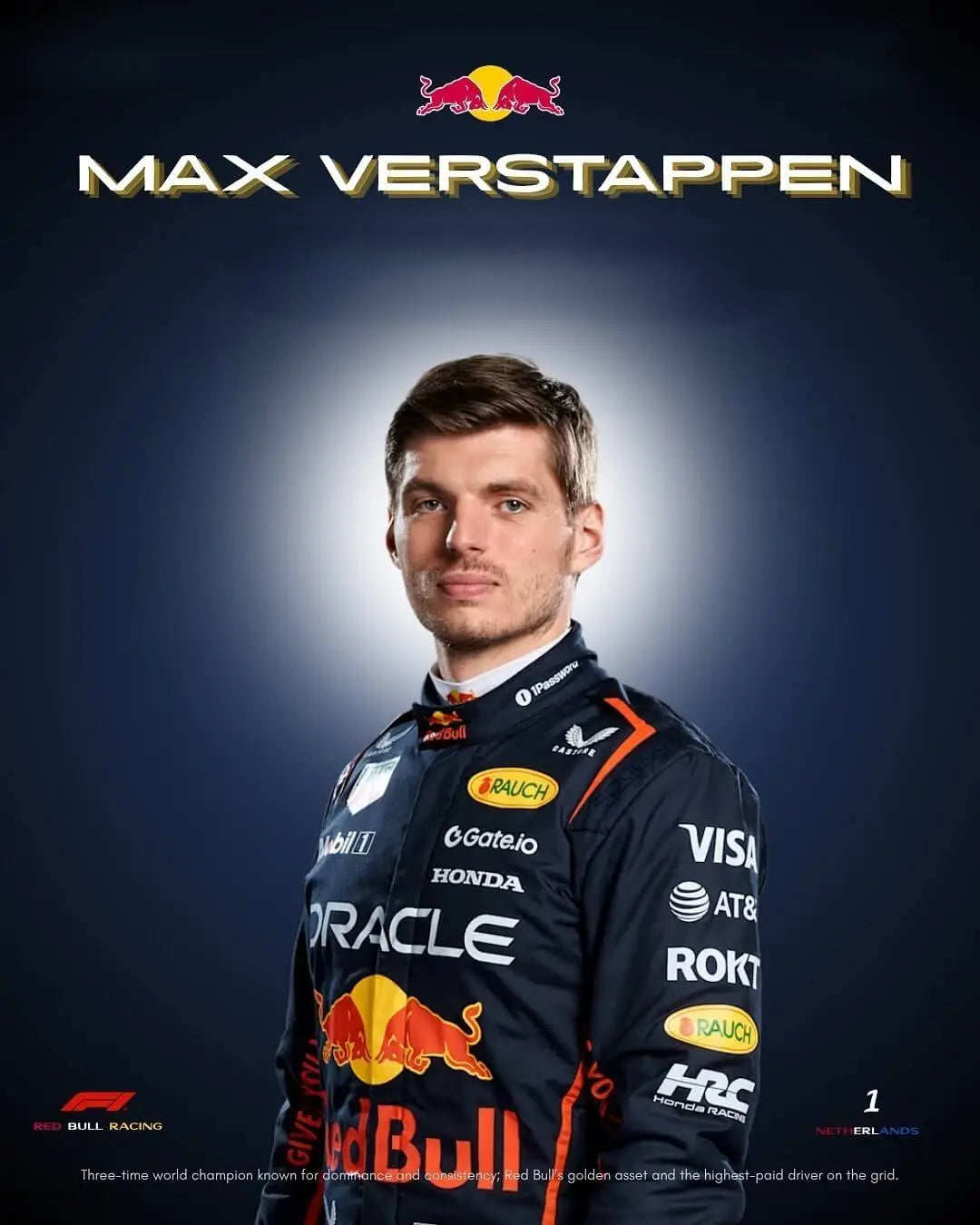 Max Verstappen wearing his 2025 Red Bull Racing Formula 1 suit, featuring bold sponsor logos 