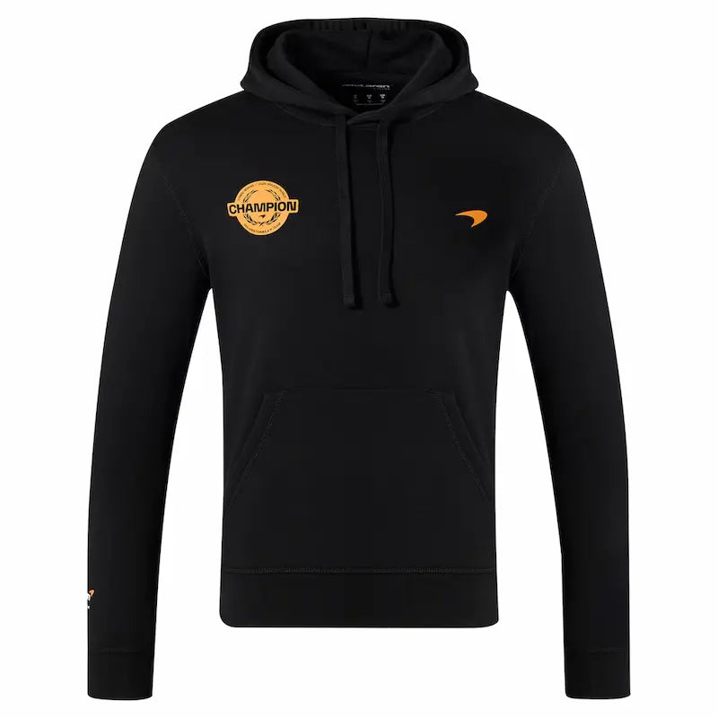 Black hoodie with orange branding on a white background